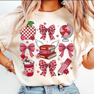 Cream Graphic T-Shirt with Pink and Red Accents